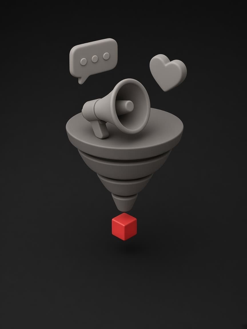 A megaphone on a marketing funnel with a chat bubble and heart, a red cube dropping out as a result