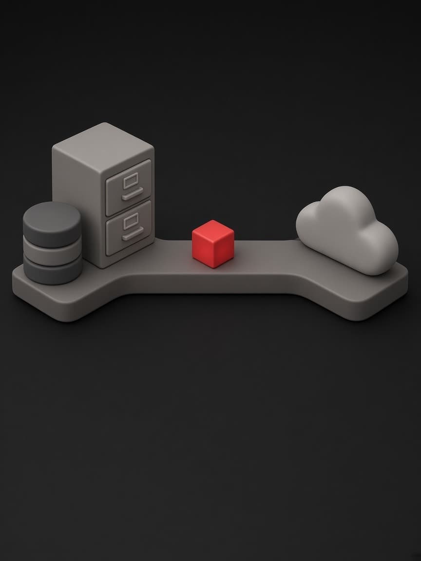 A red cube crossing a bridge from an old filing cabinet and databases to a modern cloud