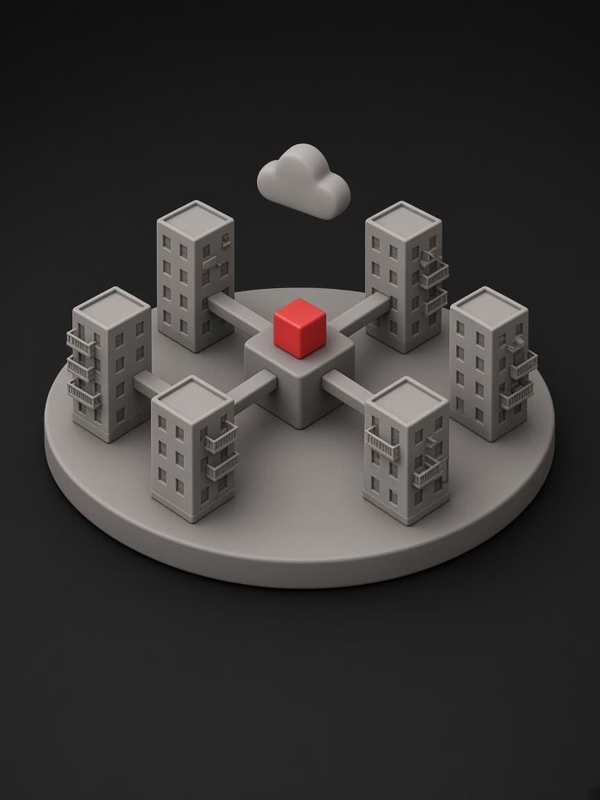 Identical building blocks on one round base, all connected to a central red cube under a cloud