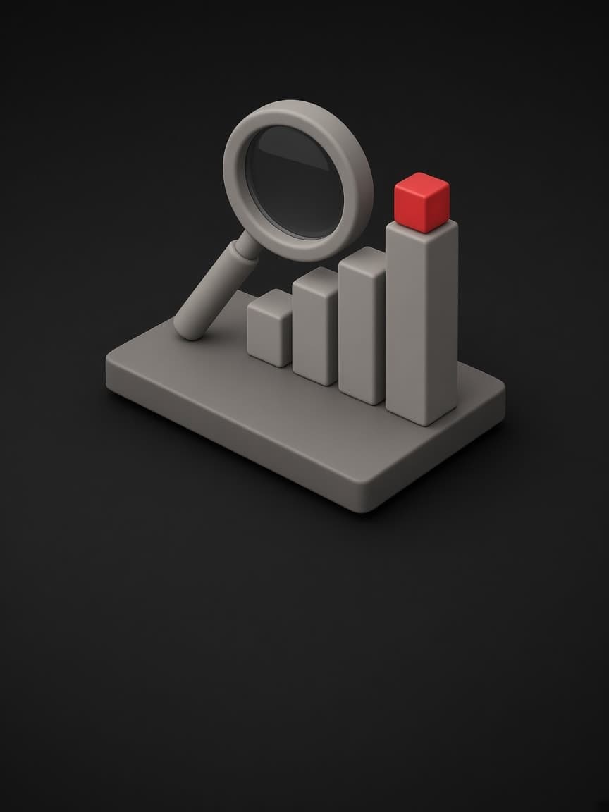 A magnifying glass over rising bar columns, the tallest topped with a red cube