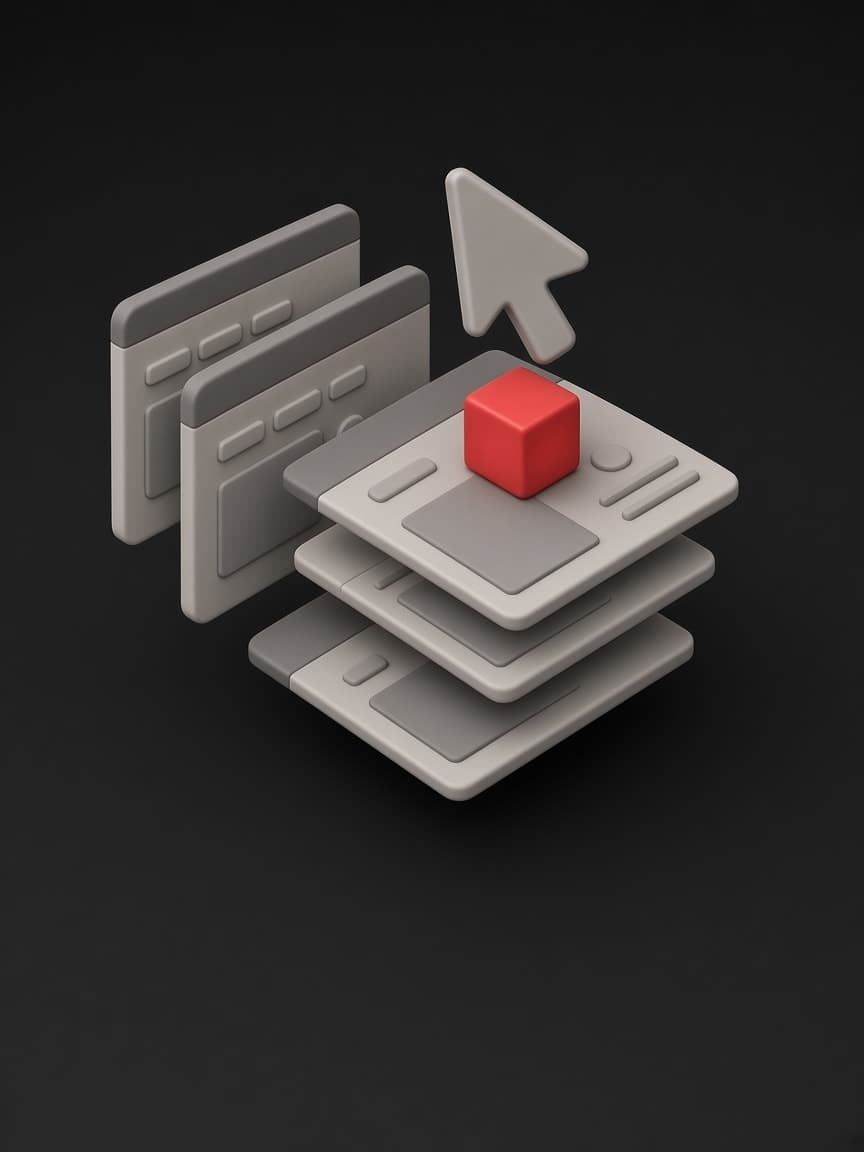 Layered wireframe screens with a cursor pointing at a red cube on the front design