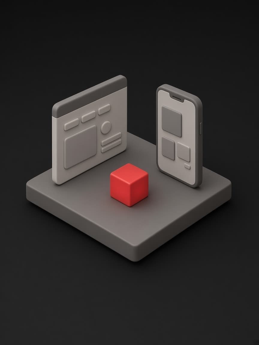 A browser window and a smartphone showing simple layouts, with a red idea cube between them