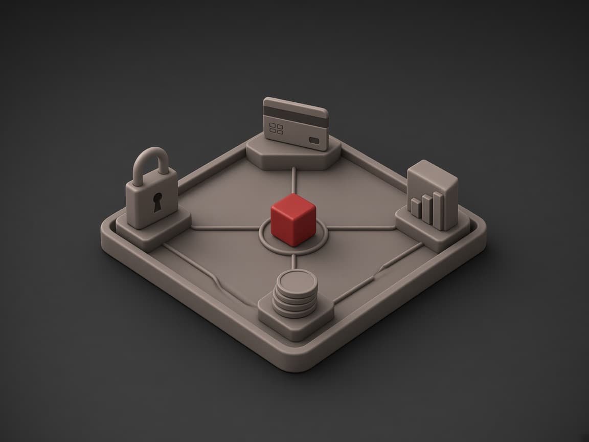 A square tray with a padlock, a payment card, a coin stack and a bar chart at its edges, each grooved into a red cube at the centre