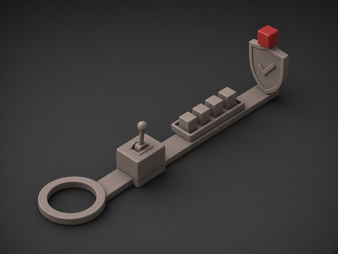 A track running from a retry loop, through a circuit-breaker switch and a queue of cubes, to a shield with a check mark and a red cube