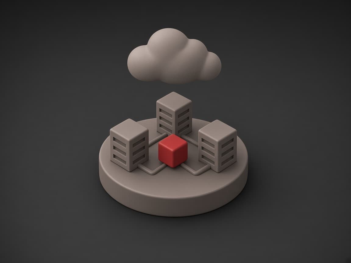 Three identical tenant blocks on one round platform, each linked by a groove to a central red cube, under a cloud