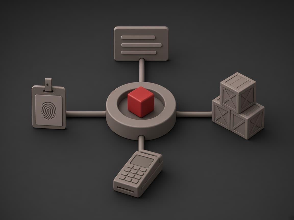 A hub holding a red cube, piped to a contact card, stacked crates, a payment terminal and an ID badge with a fingerprint