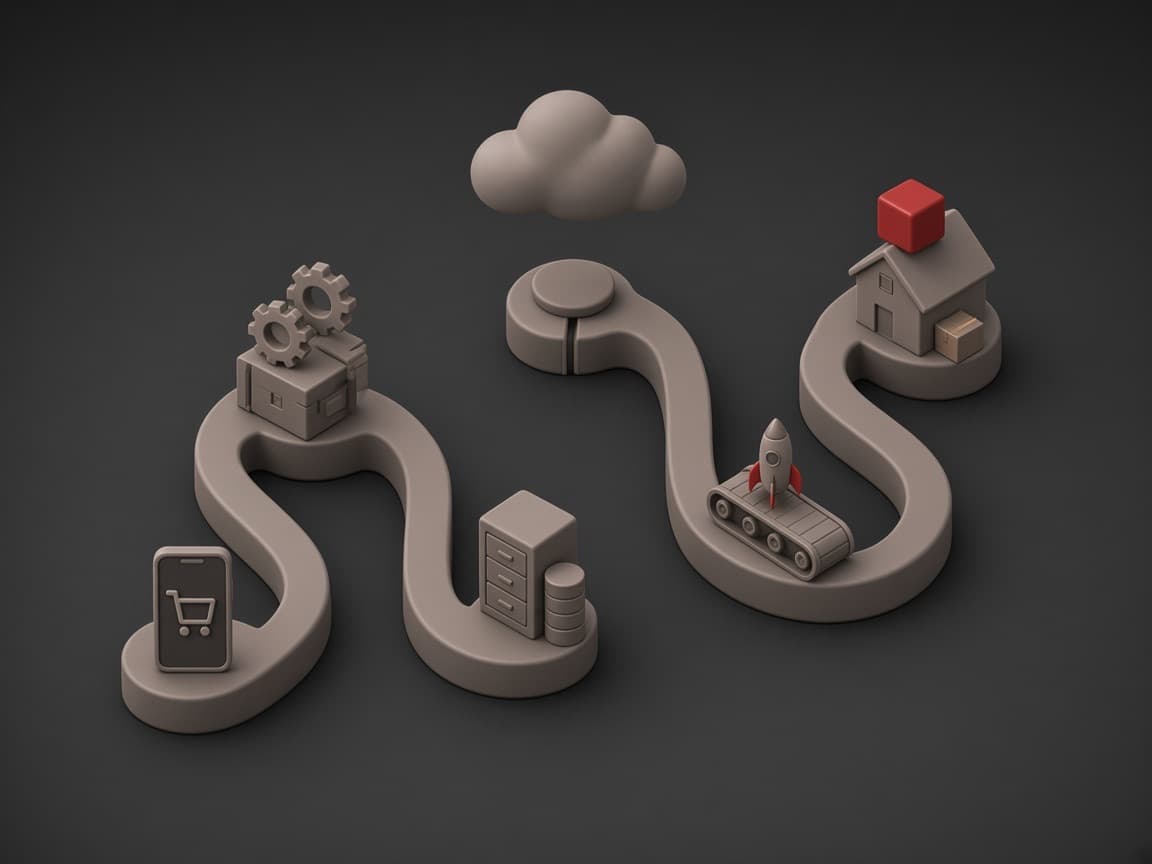 A winding track carries an order from a phone with a shopping cart, past a gear engine, a filing cabinet, a cloud and a conveyor belt with a rocket, to a house with a parcel and a red cube