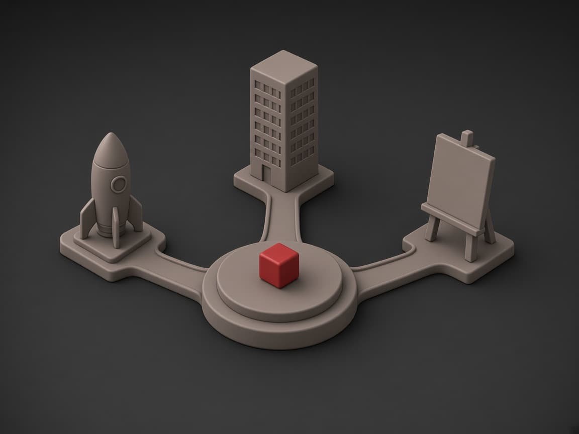 Paths from a rocket, an office tower and an easel joining at a central platform with a red cube: startups, enterprises and agencies