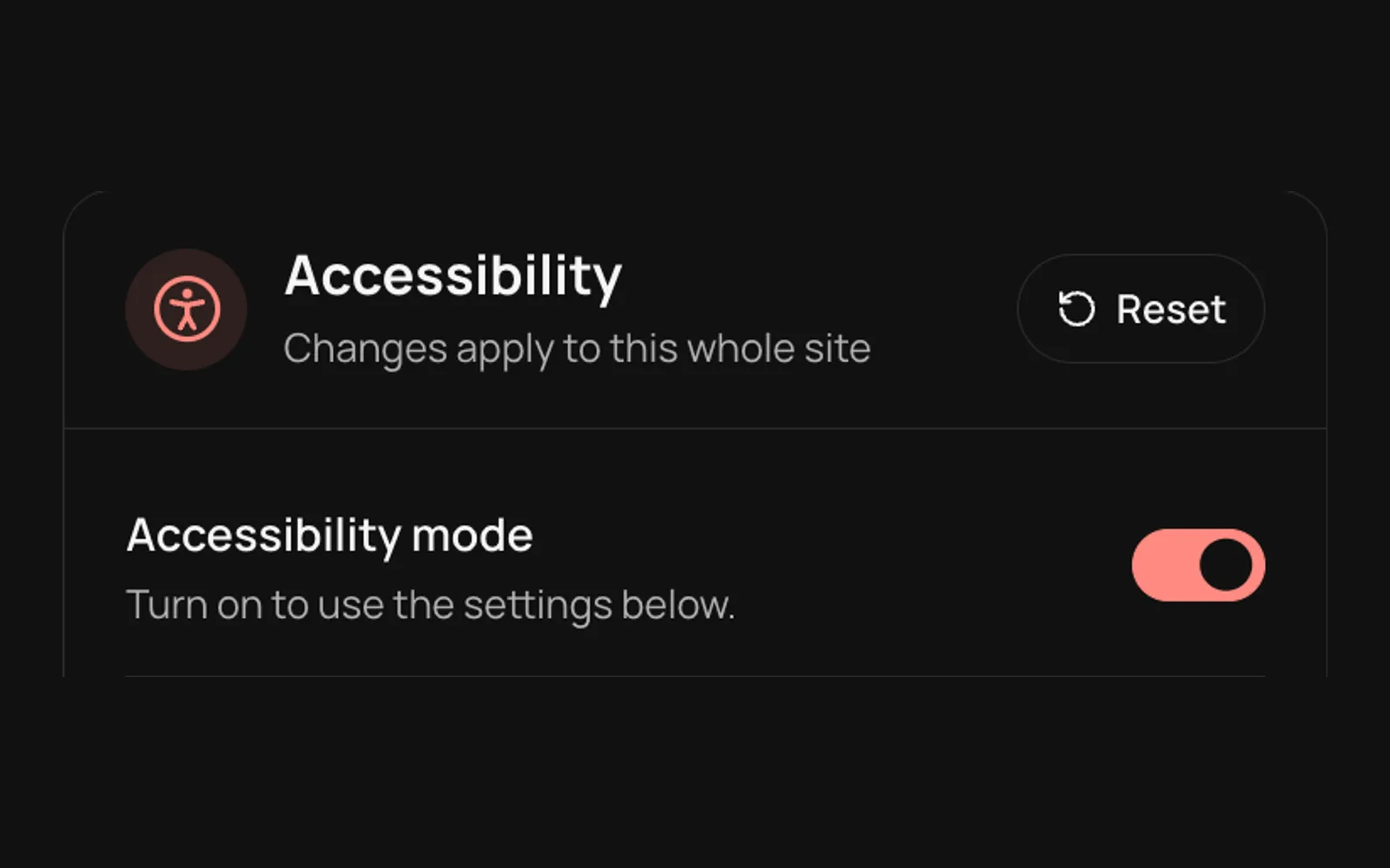 The Accessibility panel with the Accessibility mode switch turned on