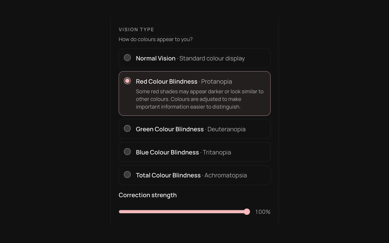 Vision type options with a colour blindness type selected and the correction strength slider