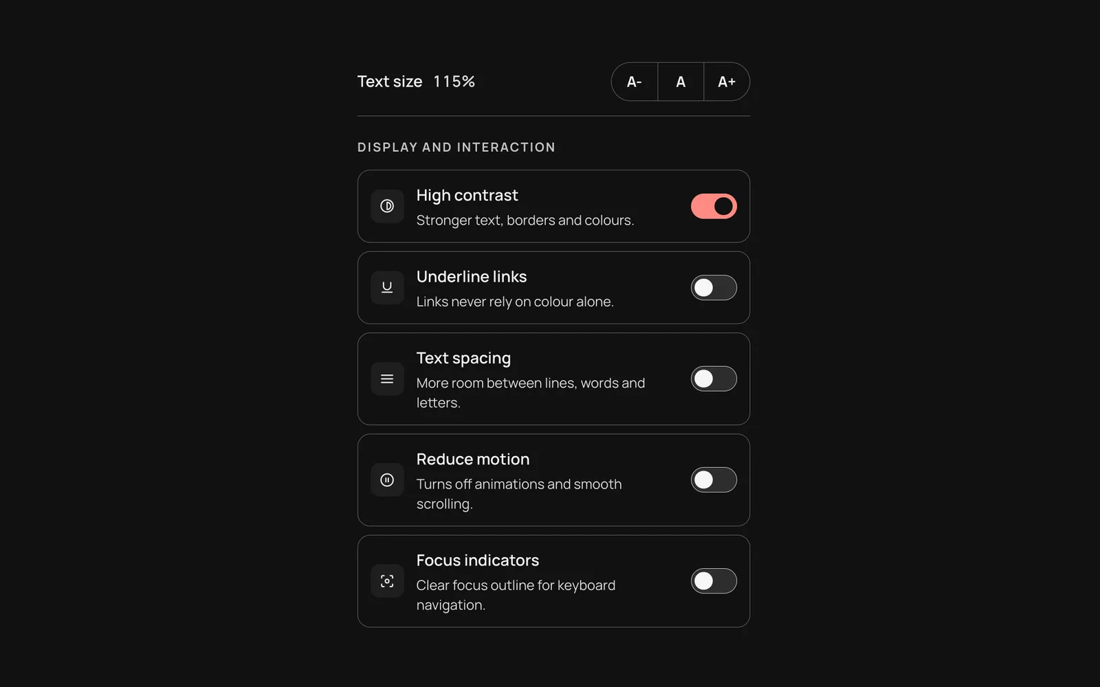 Text size buttons and the display and interaction switches