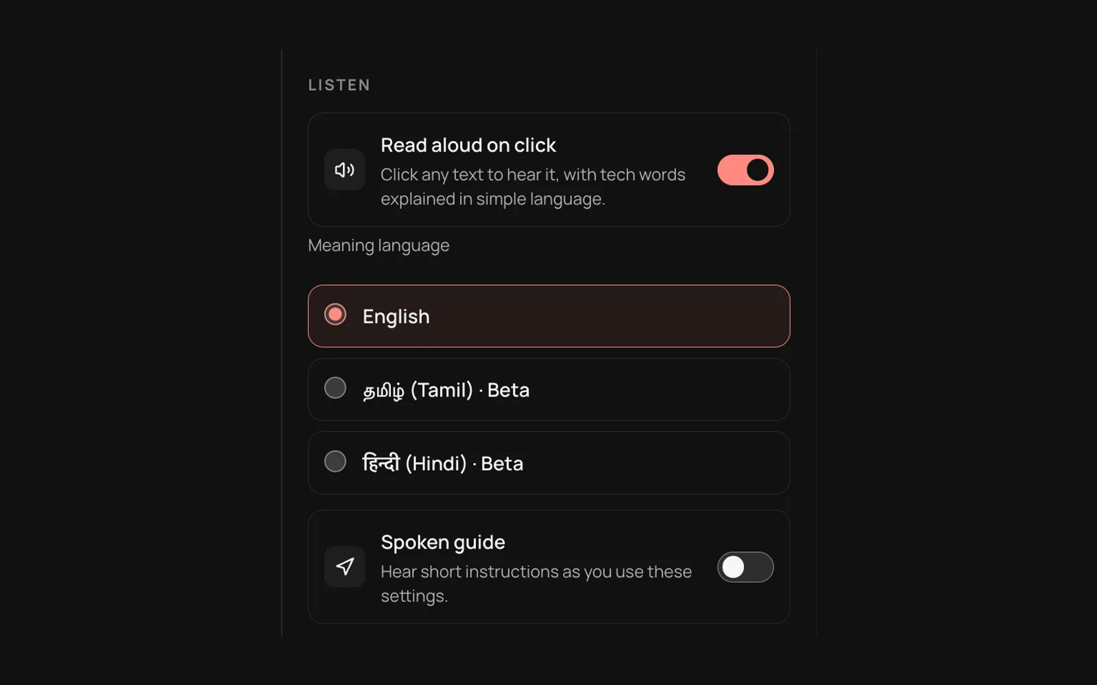 Read aloud switch with the meaning language options