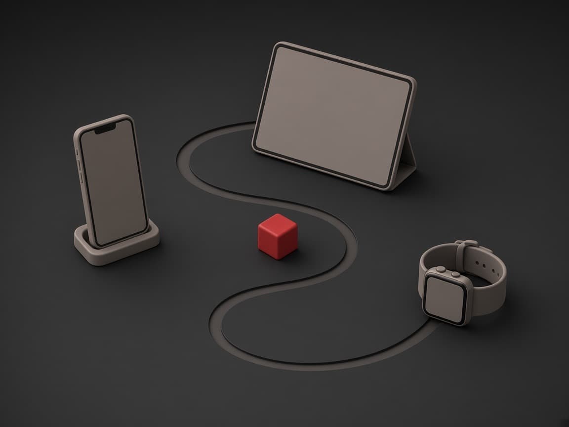 A red cube travelling a curved groove that links a docked phone, a tablet and a smartwatch, each device lighting up as it syncs