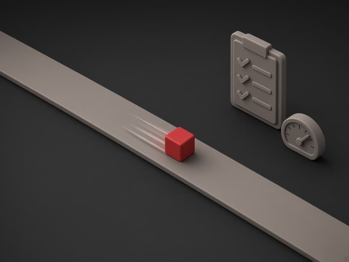 A red cube racing along a straight track past a checklist whose ticks light up one by one, and a speed gauge: fast delivery with every check done