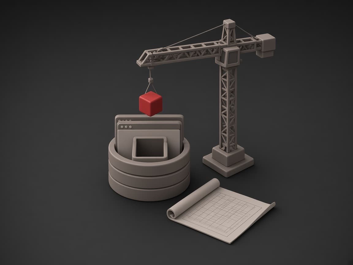 A crane lowering a red cube into the last slot of a product built from a database, a browser window and app screens, with the blueprint rolled out beside it