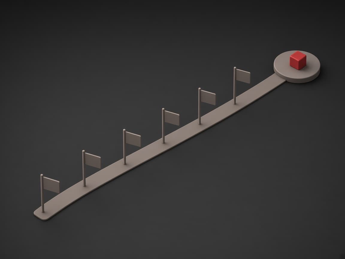 A road with six flag posts lighting up in order, from discovery at the start to support at the end, finishing at a launch pad with a red cube