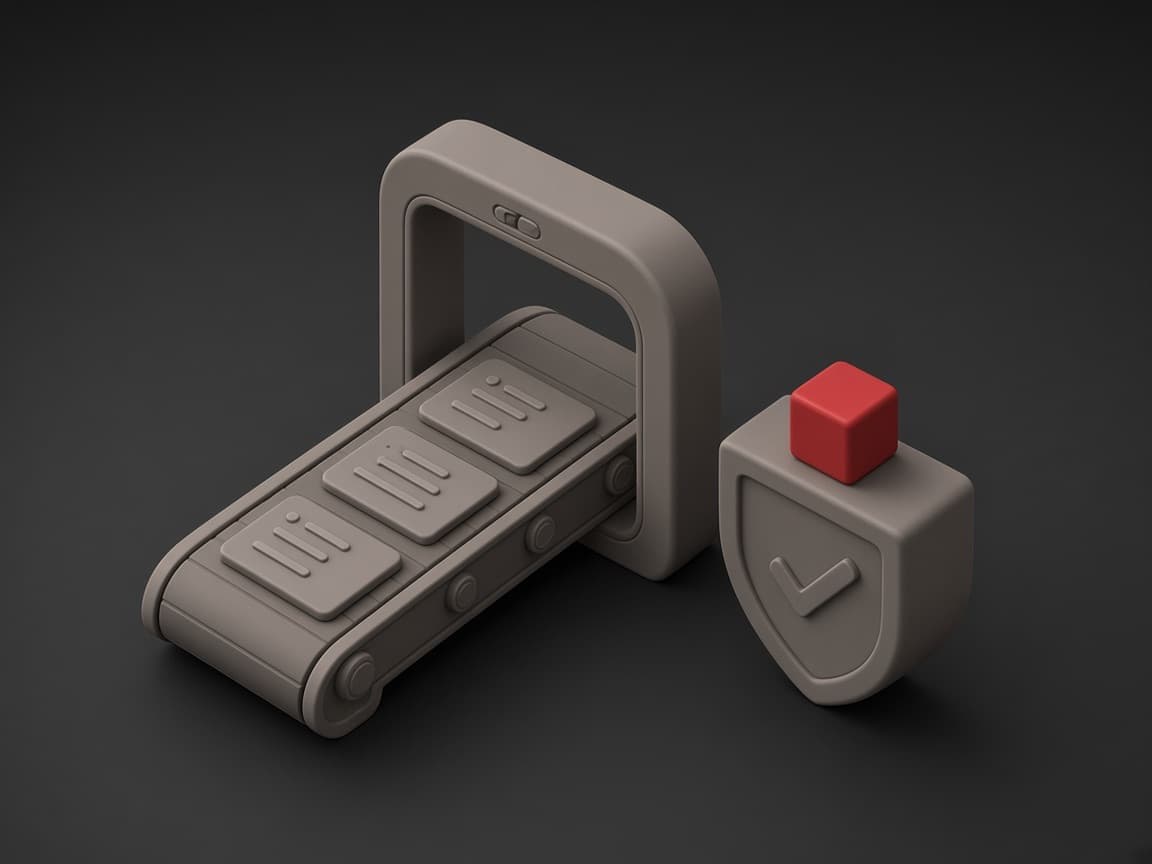 Code blocks riding a conveyor through a scanner gate that lights up, then on to a shield with a check mark and a red cube: code review and testing built in