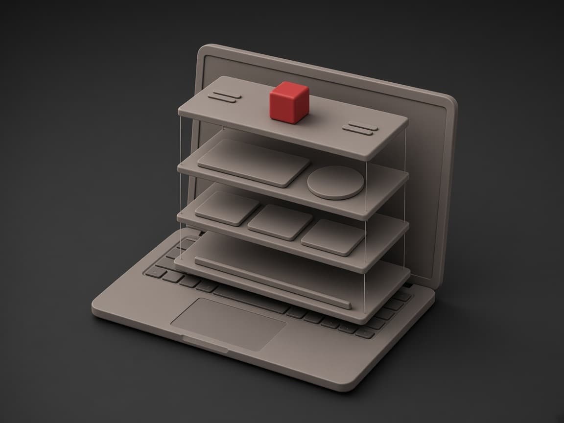 An exploded web page rising out of a laptop, footer, cards, hero and header layers lighting up in turn, with a red add-to-cart cube on top